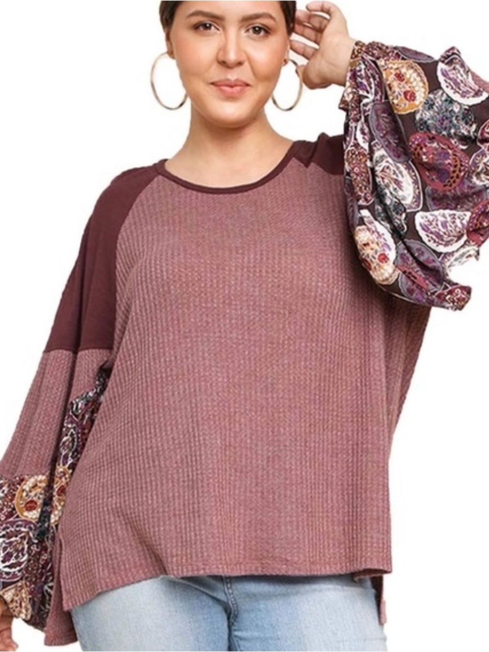 Umgee Mauve Raglan Waffle Knit Top with Printed Balloon Sleeves